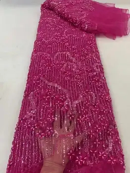 Луксозни нигерийски ръчно изработени дантелени тъкани с мъниста 2024 Висококачествени пайети младоженец бродерия африкански френски дантела плат за Dre ZX