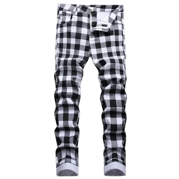 Оригинален дизайн Мъжки черно-бели карирани печатни дънки Модна проверка Дигитален печат Тънки прави панталони Stretch панталони