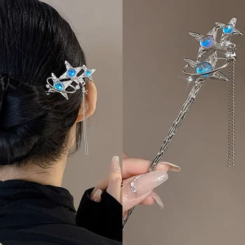 1Pc Реколта лунен камък пръчки за коса за жени ретро китайски Tasssel фиба диск пръчици за коса пръчици за коса аксесоари за коса