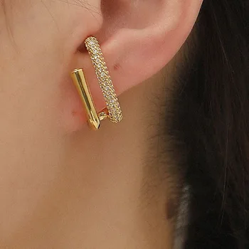 Висококачествен луксозен дизайн на марката лъскави кристални мъниста инкрустирани двуслойни златни обеци за жени мода ухо бижута подарък