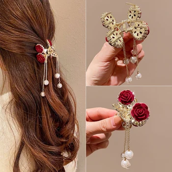Мода Метална роза ресни Rhinestone коса нокът клип Жените елегантен хвощ нокът коса раци мода аксесоари за коса