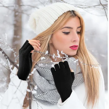 Нови мъже черни плетени ръкавици без пръсти есен зима открит участък еластични топли половин пръст колоездене ръкавици