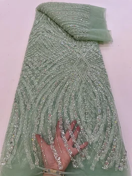 Висококачествена африканска ръчно изработена дантела с мъниста Fabirc 2023 Шиене на пайети Бродерия Nigreian дантела плат жени сватбена рокля QF0948
