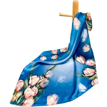 Висококачествен чист копринен шал жени бандана женски шал за коса цвете Дамски естествен копринен квадратен шал за глава за жени лале