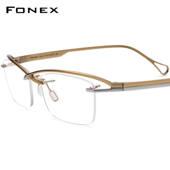 FONEX титанов очила рамка мъже 2023 нови жени полу без рамки квадратни диоптрични очила половин оптична рамка очила F85756