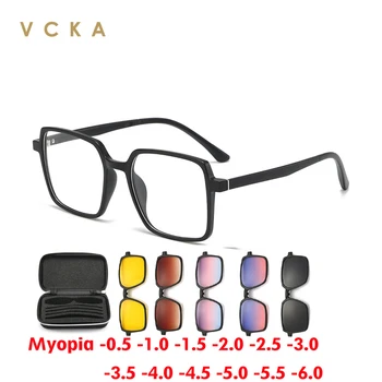 VCKA 6 в 1 Късогледство Слънчеви очила Рамки Магнитен клип Кръгли дамски очила Модна тенденция Поляризирани адаптивни очила -0.5 до -6
