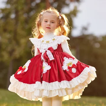 Бродерия мечка принцеса рокля за момичета бебе Лолита червени рокли детски бутиков дизайн парти облекло детски рожден ден нова Коледа