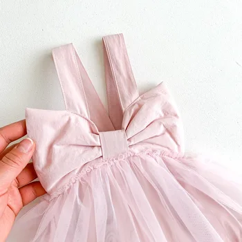 Бебе бебе момиче приплъзване гащеризон рокля пролет лято голям лък твърда мрежа пачуърк рокли за новородено памук сладък деца момичета дрехи