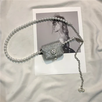 Метална перлена верига блестящи кристали мини чанта Дамски колан Camellia цвете монета чанта аксесоари