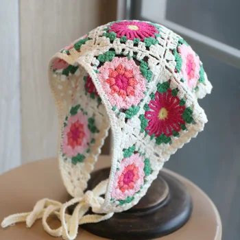 Summer Anti-UV триъгълник главата шал ръчно изработени цвете плетени на една кука издълбани цветни тюрбани