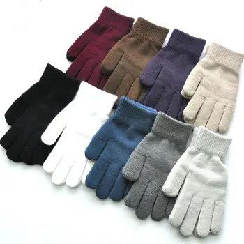 Зимни топли плетени двойка ръкавици пълен пръст плътен цвят ръкавици вълнени ръка сензорен екран дебели колоездене шофиране ръкавици