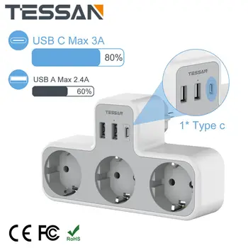 TESSAN Множество контакти Разклонител с променливотокови изходи USB портове & Тип C порт 6 в 1 EU Plug Wall Socket Extender адаптер за дома