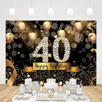 Честит 40-ти рожден ден Парти Фотография Фон Лъскав черно злато Балони Митичен фон Декорация Диамант 40 години банер