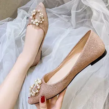 Перли сватбени обувки Жена Луксозни златни/сребърни блестящи апартаменти 33-44 Голям размер булката обувки заострени пръсти Chaussure Femme премия обувки