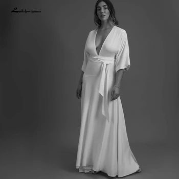 2022 Прости A-Line сватбени рокли Дълбоко V почистване / четка влак Сатен плаж сватбена рокля Vestidos de Fiesta