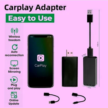 Автомобилен безжичен адаптер CarPlay -Най-бързият и най-напреднал 5Ghz безжичен CarPlay - Plug and Play с USB-C и USB-A кабели