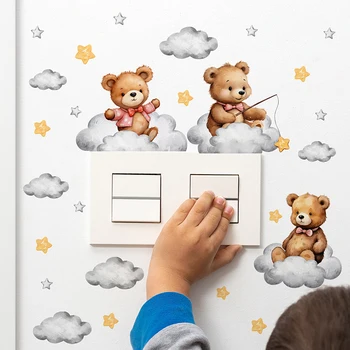  3pcs / комплект сладък мечка звезда превключвател стикер за деца деца бебе стая спалня декорация стенопис тапет карикатура мечка стена стикер
