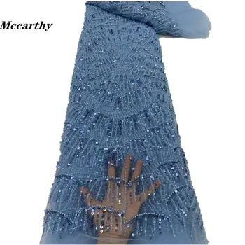 Mccarthy Bule Handmade Beaded French Lace Fabric 2024 Най-новите нигерийски висококачествени пайети тюл дантели бродерия с перли
