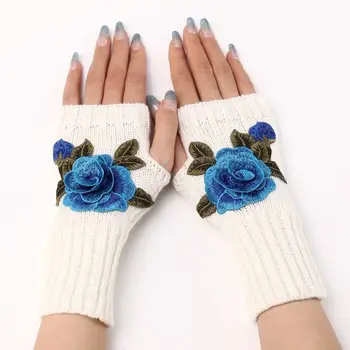 Плетени ръкавици за китката Ново бродирани цветя Бели черни ръкавици без пръсти Готически топли аксесоари Ръкавици за лакти Есен Зима