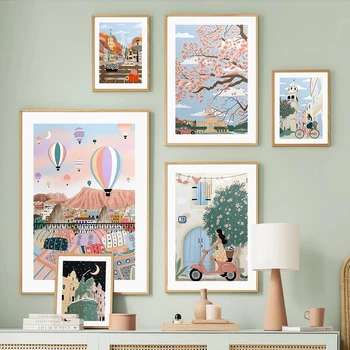 Абстрактно Средиземноморска Stlye Acenery плакат момиче Сакура замък стена изкуство платно живопис стена картини за хол декор