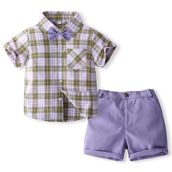 3Piece комплект летни детски дрехи момче джентълмен мода карирана къс ръкав бебешки върхове + шорти + вратовръзка деца бутиково облекло BC2456-1