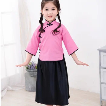 Момичета Тениска Пуловер Поли Дрехи Костюми Мода Детски училищни облекла Китайски стил костюми 100% памук комплекти