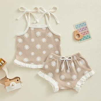 Бебе бебе момиче летни дрехи флорални без ръкави каишка потник Ruffle Bloomers шорти новородено 2бр облекло