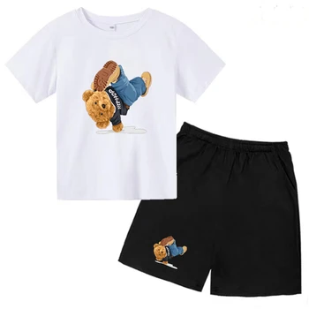 Детски дрехи играчка мечка печат тениска костюм свободно време кръг врата момчета момичета 3-12 година малко дете лято комплект от 2
