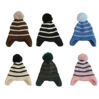 Стилна плетена шапка за малки деца с наушница и помпон Пом, есенна зимна шапка