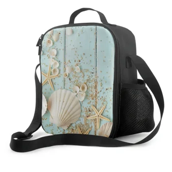 Морска раковина на морска звезда на синя дъска Изолирана чанта за обяд за училищна работа Пикник Океанска морска тема Голяма пазарска чанта за обяд Хладилна чанта
