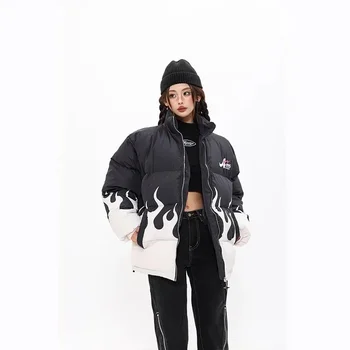 Зимни пухени якета Парки за мъже Писмо огън отпечатани извънгабаритни хип-хоп парки палта черни свободни подплатени якета улично облекло