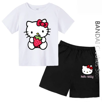 Hello Kitty Kids Tshirt Cartoon Girls T-shirts Short Sleeve Women Streetwear Пуловер Baby Boy Clothes Sets Casual Sanrio Tops