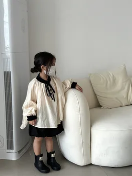 Детско облекло контраст лък кукла риза пролет момичета балон ръкав риза корейски стил детски износване
