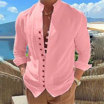 Плаж лято нова тенденция случайни мъжки ретро памук коноп случайни хлабав риза с дълъг ръкав спортни случайни плажна риза