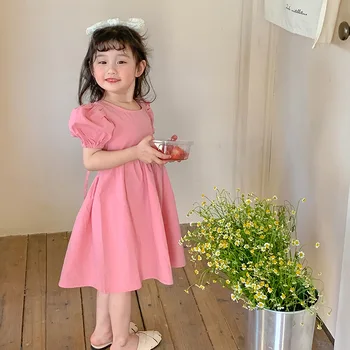 2023 Корейски летни деца момиче рокля памук твърди розови кръгла яка принцеса рокля фенер ръкав шнур обратно детски екипировки