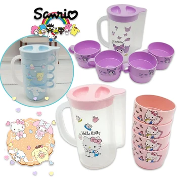 5 броя комплект Sanrio Hello Kitty пластмасова кана за студена вода Kuromi Cinnamoroll Начало Кана за студена вода Комплект чайник за пиене 1000ML