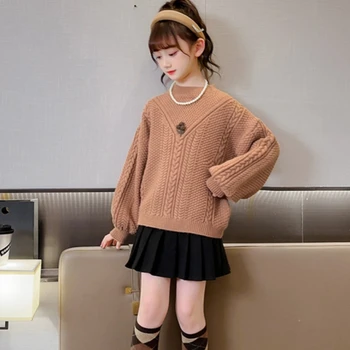 Момичета пуловер вълнено палто Детски върхове Плетене 2023 Каки Сгъстяване Топла зима Есен Памук Тийнейджъри Връхни дрехи Детски дрехи
