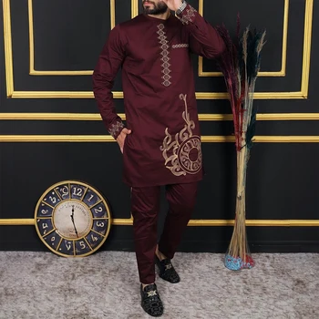 Нов комплект Мъжки луксозни дизайнерски дрехи Пълен панталон Комплекти Африкански етнически традиционен костюм Дашики Кафтан Елегантни костюми за мъже 2PC