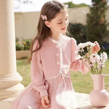Дамска розова френска рокля пролет нова супер безсмъртна сладка детска пола Модна момичешка принцеса пола пролет и есен