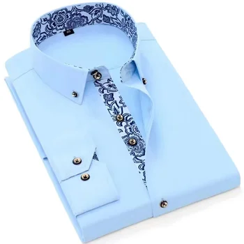 Синьо-бял порцеланова яка рокля риза мъже дълъг ръкав корейски тънък годни случайни офис бизнес плътен цвят бял флот синьо