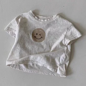 2023 Корейски летни бебета момчета върховете отпечатани усмивка твърди участък ризи памук дишаща хлабав дъно Todller момчета Tee