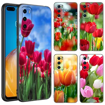 Калъф за телефон с цвете лале за Huawei P8 P9 P10 P20 P30 P40 Lite E P50 P Smart Pro Z S 2018 2019 2020 2021 Мек TPU черен капак