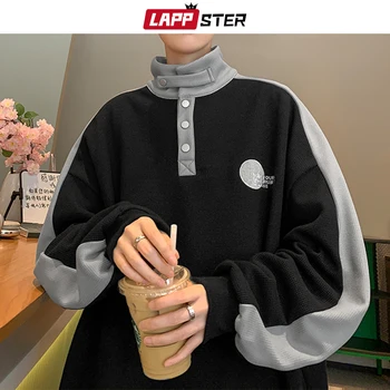 LAPPSTER Y2k пачуърк графични суичъри пуловери корейски мода сива врана улично облекло бутон черен случайни дизайнерски суичъри