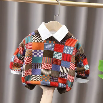 Момчета пуловер вълна палто детски върхове плетене 2024 лъжичка пролет есен плюс сгъсти памук пуловер официален спорт детски плат