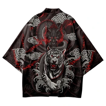 Автентично традиционно азиатско облекло за жени и мъже Три четвърти ръкави и жилетка KIMONO стил дракон тигър печат ризи