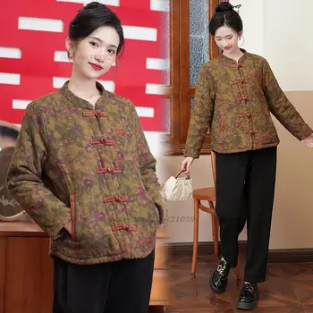 2024 китайско подобрено палто tang костюм традиционен цветен печат сгъстяване яке ориенталски памук подплатени палто ориенталски ханфу върхове
