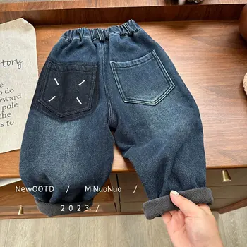 Детски дънки есен зима нови продукти за момчета момичета корейски стил плюшени дънки бебе хлабав меки дебели панталони