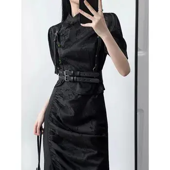 Нов китайски стил Qipao костюм секси черен жакард китайска рокля подобрена Cheongsams жени лятна рокля готически тъмно вестидос